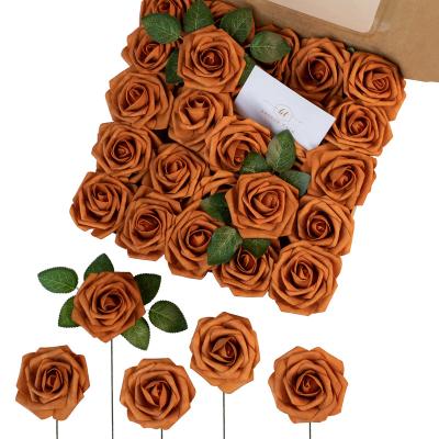 China Wholesale Vintage Rose Artificial Flowers Bouquet Decorative Silk Flowers For Home Wedding Decor Burnt Orange Rose Artificial Flower for sale