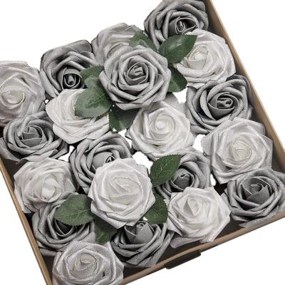 China Beautiful Colorful Shimmer Silver Gray Roses w/Stem for DIY Christmas Tree Christmas Wedding Party Centerpieces Layouts Party Decor for sale