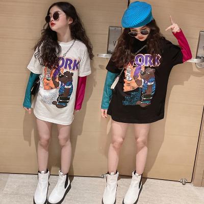 China Compressed Girls' Long Sleeve T-Shirt Two Loose Sleeve Stitching Base Double Layer Long Sleeve T Shirt Fashion Big Child's Autumn T-Shirt for sale