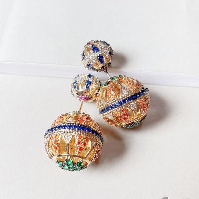 China TRENDY Customize Luxury 18mm Zirconia Ball Stud Earring Paved CZ Full Stone Reversible Double Ball Earring For Birthday for sale