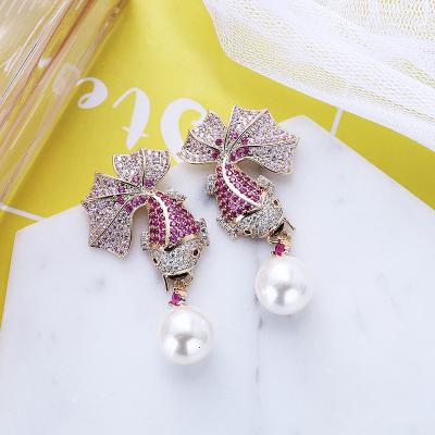 China Wholesale Cute Customize Animal Cubic Zircon Pearl Jewelris Copper Pipe Fittings Wedding Gift Earrings for sale