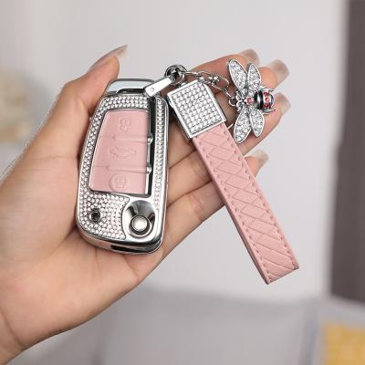 China Alloy Colorful 2021 New Fashion Car Key Holder Cover Case Design Leather For Audi7 Series Pink Luxury Diamond Shell Face Type for sale