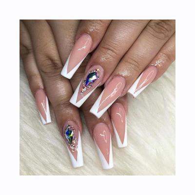 China Salon Effect Hand Worn Nail Full Diamond Nail Piece Long Style Art Charms Acrylic Artificial Nails for sale