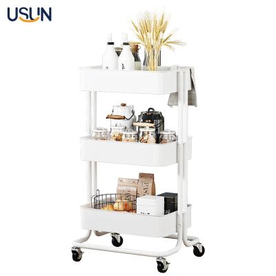 China USUN Sustainable Home Mobile Metal Cart With Casters Powder Coated Kitchen Storage Rack for sale