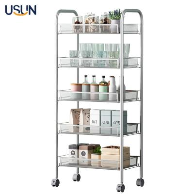 China USUN Sustainable Home Coated Kitchen Storage 3 Tier Rolling Metal Mesh Storage Rack Kitchen Vegetable Mobile Cart for sale