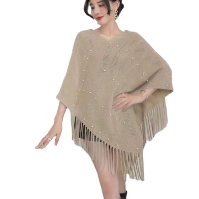 China Anti-wrinkle Women's Plus Size Knitted Poncho Sweater With Beading Light Spring Autumn Cape Shawl Pullover for sale