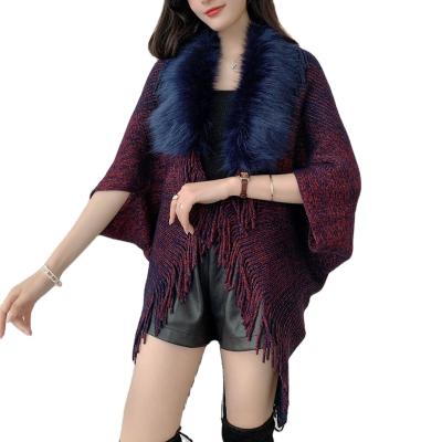 China Anti-wrinkle Women Open Front Knitted With Faux Fur Cardigan Cape Fringed Side Wrap Shawl Sweater for sale