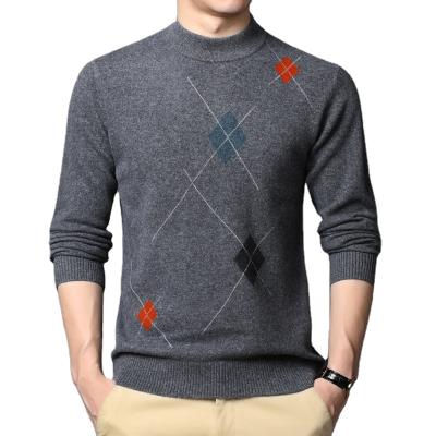 China Autumn Winter Merino Wool Men's Casual Anti-wrinkle Men's Argyle Jacquard Flat Knit Stand Collar Mock Neck Sweaters for sale