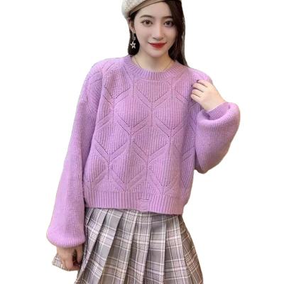 China New Design Factory Supply Women's Anti-Wrinkle Solid Drop Shoulder Crewneck Pullover Sweaters For Young Lady for sale