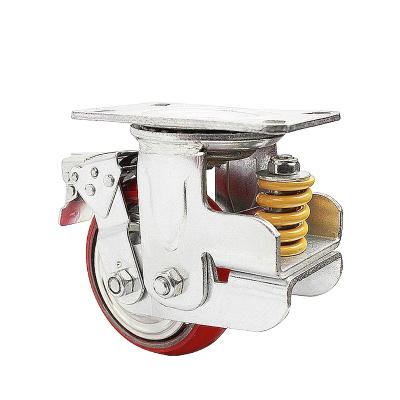 China Flat Free Low Profile Large Spring Loaded Caster Spring Casters Heavy Duty Pu Casters Wheel With Brake for sale