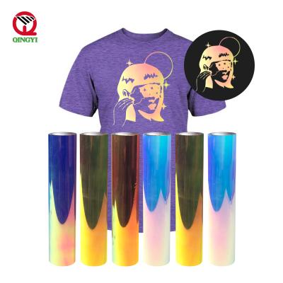 China Vivid color free sample htv iridescent iron on logo holographic rainbow reflective heat transfer vinyl for apparel T-shirts for sale