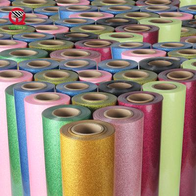 China Easy to cut and weed design press stock free sample iron on htv pu vynil rolls glitter heat transfer vinyl sheet for cricut apparel logo for sale