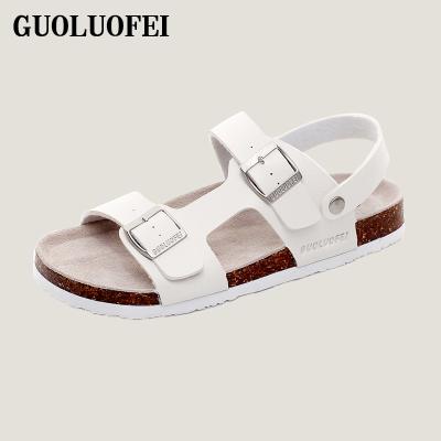 China Anti-Smell PU Cork Leather Comfortable Sole Slide Slippers Men Boys Summer Slip On Sandals With 2 Adjustable Buckles for sale