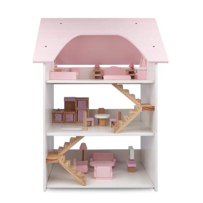 China 2022 New Doll House Eco-friendly Pink Princess Wooden Room Three-storey Villa Set Children's Wooden Educational Toys for sale