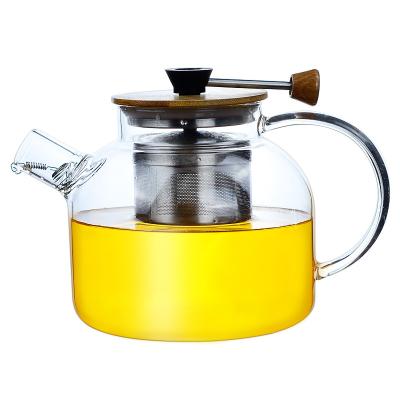 China Borosilicate glass sustainable teapot with SS centered filter and collapsible lifting handle transparent stainless steel handblown glass for sale