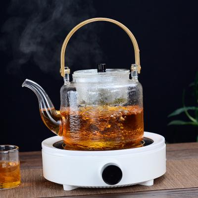 China Viable Exquisite Glass Teapot with Bamboo Handle Large Pyrex Teapot Large Flower Tea Set Clear Glass Teapot Teapot with Bamboo Handle for sale