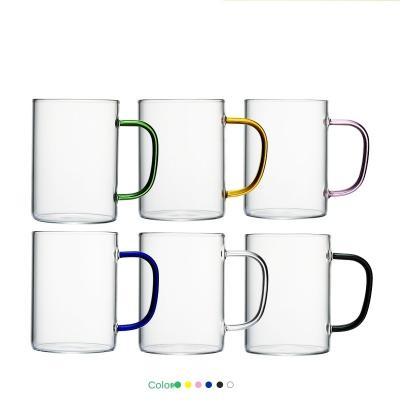 China Viable Water Tea Milk Juice Heat Resistant Transparent Cup Set With Colorful Handle 450ml 320ml 370ml 350ml 400ml for sale