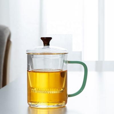 China Tropical Viable Heavy Duty Handle Tea Cup Filter Flower Glass Transparent Thickened Household Tea Cup With Lid 350ml 400ml for sale