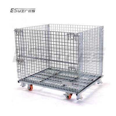 China Foldable Heavy Duty Storage Equipment Welded Foldable Galvanized Metal Steel Wire Basket With Wheels for sale