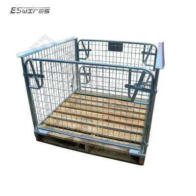 China Portable Collapsible Heavy Duty Collapsible Storage Metal Wire Mesh Stackable Pallet Cage With Wooden Pallet for sale