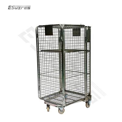 China Collapsible 4 Sided Folding Heavy Duty Logistics Cargo Storage Wire Mesh Roll Container Roll Cage Container Trolley for sale