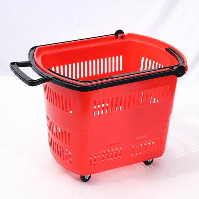 China 1) Supermarket 2)stores handle basket plastic shopping cart with wheels for supermarket store Hot-selling plastic rolling baskets for shopping for sale