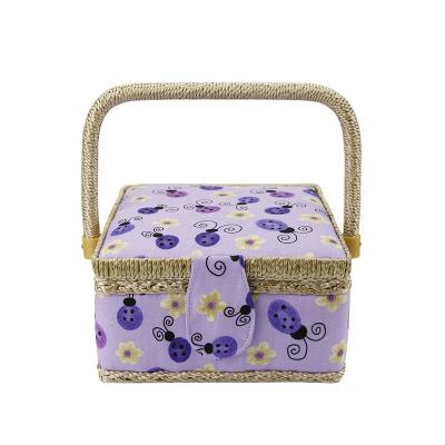 China Storage For Notions OEM Pink Dot Sewing Kit Basket Wood Sewing Basket for sale