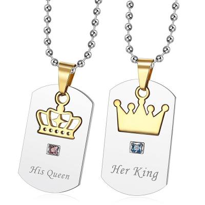 China Fashion Stainless Steel CLASSIC Cubic Zircon Jewelry His King His Queen Crown Couples Initial Plated Pendant Necklace for sale