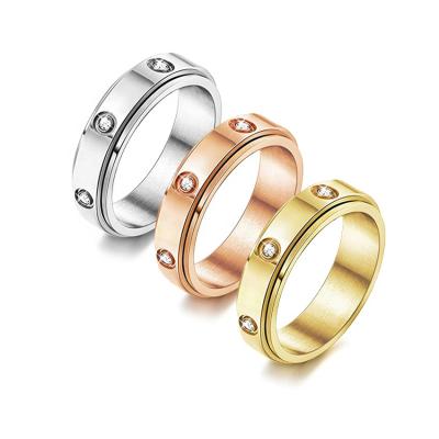 China High Quality Jewelry Stocked For Mens Womens Couples Classic Stainless Steel Zirconia Love Spinner Worry Ring Gold Plated for sale