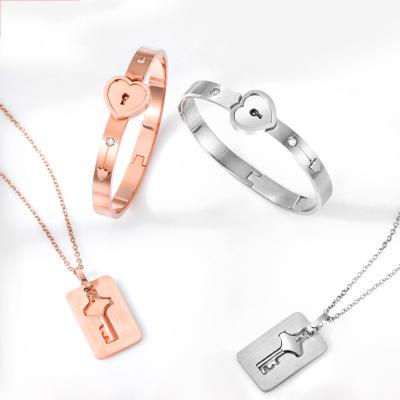 China FASHIONABLE Lock Lovers Heart Love Fashion Jewelry Sets Stainless Steel Bracelets Bangles Lock Couples Pendant Necklace For Lovers Bracelet for sale