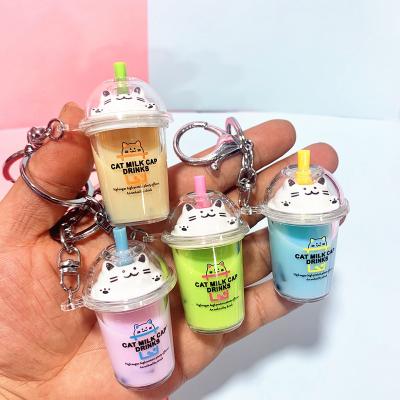 China Cute Acrylic Tea Keychains Cat Cup Bottle Key Chain Wholesale Promotion Gift Cartoon Bubble Milk Floating Boba Liquid Key Chain for sale