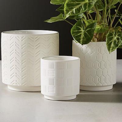 China New Novelty Design Indoor Outdoor Balcony Decorative Custom Embossed White Ceramic Flower Plant Pots for sale