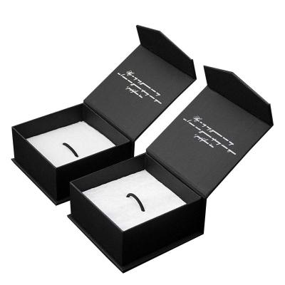 China Handmade Black Tiny Magnetic Boxes For Jewelry Small Case With Magnet Closure Custom Packaging With Logo And Velvet Insert With Elastic for sale