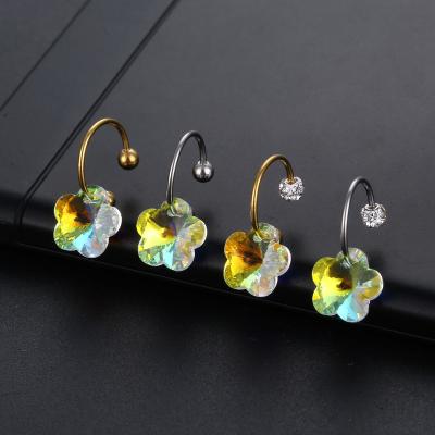 China Punk Fine Circle Nose Needle C Ring Stainless Steel Flower Crystal Piercing Pendant Shape C Stud Earrings Sniff Rings for sale