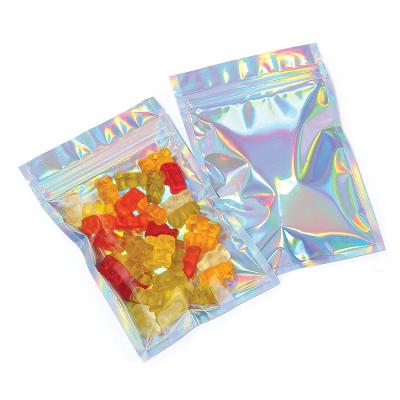 China LOKYO Recyclable Custom 3 Side Seal Holographic Foil Mylar Ziplock Bags Freeze Plastic Small Gummy Candy Snack Food Packaging Bags for sale