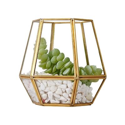 China Modern Farmhouse Handmade Geometric Glass Mini Greenhouse Faceted Brass Flower House For Decoration for sale