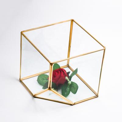 China Modern Metal Mini Greenhouse Art Deco Tilted Cube Design Indoor Geometric Glass Container Mini Greenhouse for Home Decor and Table Top for sale