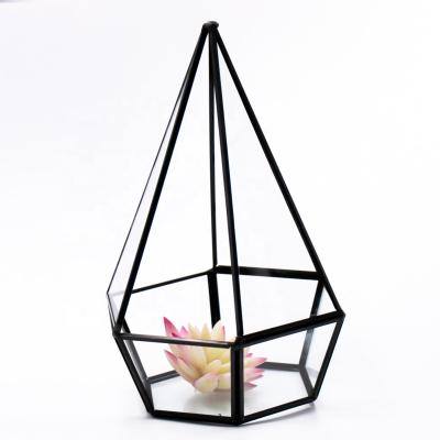 China Modern Faceted Glass Mini Greenhouse Geometric Black Metal Brass Mini Greenhouse for Mini Glass Greenhouse for Home Decor and Wedding for sale