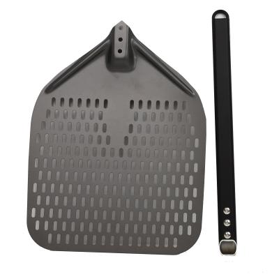 China 12 Inch Pizza Shovel Aluminum Pizza Turning Peel Black Hard Aluminum Perforated Detachable Pizza Peel zu verkaufen