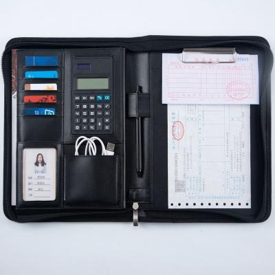 China PU Business Zipper Document File Folder Manager, PU Leather Conference Folder Zipper, Office Padfolio Clipboard Folder with Calculator for sale