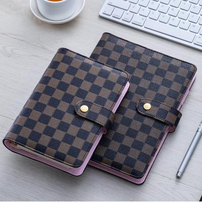 China Luxury Leather Hardcover Brown Planner Checkered Notebook, Blank Checkboard Loose Leaf Diary, A5 A6 Checkered Binder with Snap Button for sale