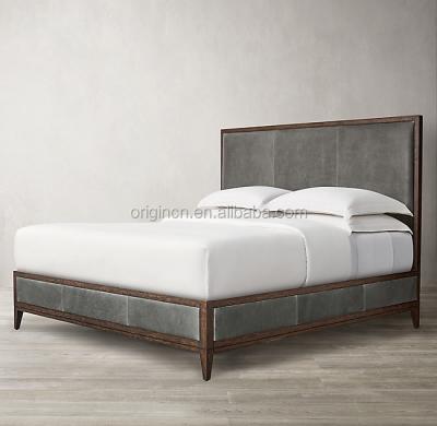 China European style bed frame solid leather slat panel luxury bedroom handcrafted oak interior wood furniture for sale