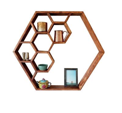 China Traditional Last Side Hexagon Wood Wall Shelf for sale