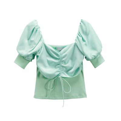 China 2021 Summer Leisure Green Shorts Women Anti-Shrink Top Breath Sleeve Drawstring Top for sale