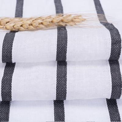 China New Sustainable Ramie Polyester Blended Yarn-dyed Striped Blended Fabric / Summer Apparel Spring Fabric for sale