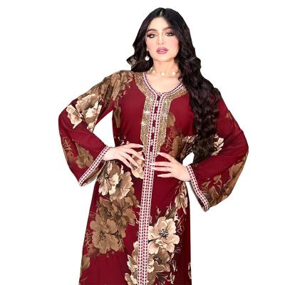 China Luxury /traditional /shopping Floral dress Arabian Robe Ethic Luxury Maxi gown Wine Golden Evening Dress Abaya 2022 Muslim gown Elegant Women's wear African for sale