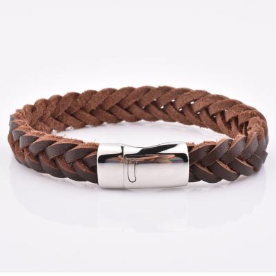 China FASHIONABLE Hand - Trendy Brown Woven Scare Leather Braided Mens Magnetic Loop Bracelet for sale