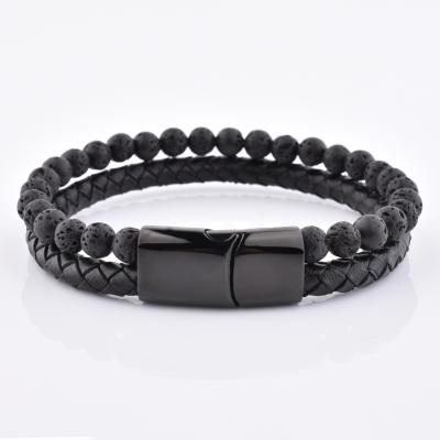 China Hot FASHIONABLE Black Woven Leather Magnetic Clasp Lava Stone Bead Sale Man Bracelet for sale