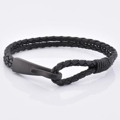 China Hot Selling High Quality FASHIONABLE Men's Stainless Steel Matt Black Hook Double Layers Leather Bracelet for sale