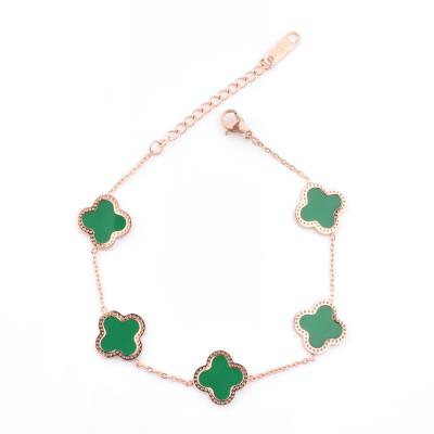 China TRENDY Green Adjustable Clover Woman Rose Gold Stainless Steel Pendant Chain Bracelet for sale